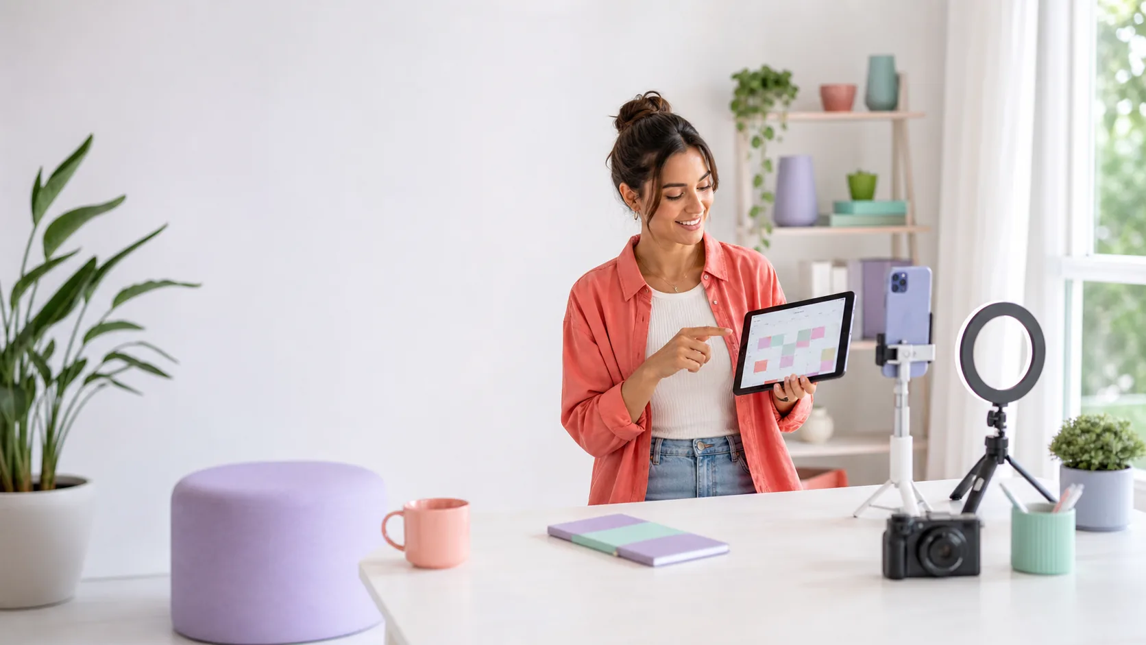 Creadora de contenido planificando sus publicaciones en redes sociales