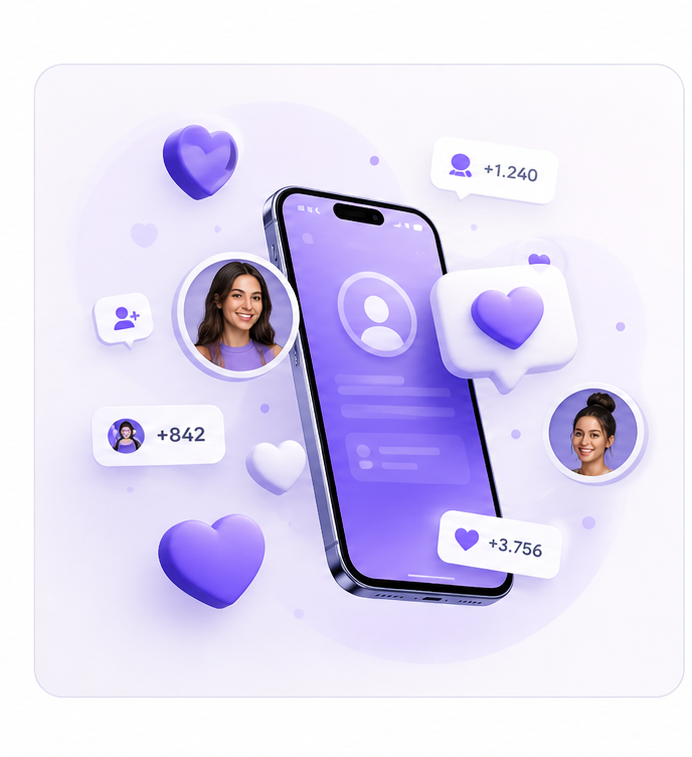 Socialvantix Visual mit Likes, Herzen, Followern und Social-Media-Wachstum